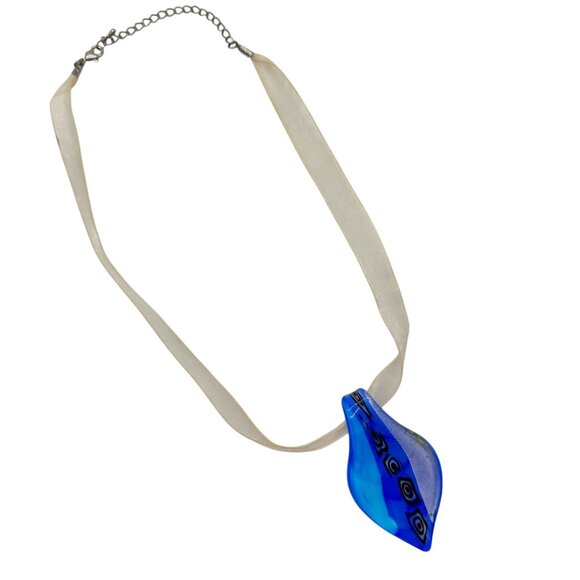 Handcrafted Fused Glass Necklace Earrings Set Blue Abstract Design Sheer Ribbon - Picture 4 of 13